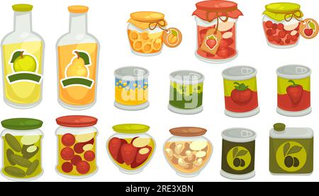 Mariniertes Gemüse, eingelegtes Gemüse in Dosen, Tomaten und Gurken, Knoblauch und Oliven, Pfeffer und süßer Pfirsich oder Aprikose. Saft aus Äpfeln und Birnen Stock Vektor