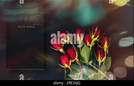 Heilige Bibel und rote Rosen auf schwarzem und rotem Hintergrund. Christliches Konzept, Kopierraum Stockfoto