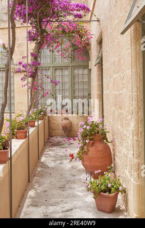 Abgeschiedener Innenhof eines Kaufmannshauses in der historischen Festungsstadt Rabat auf Malta Stockfoto