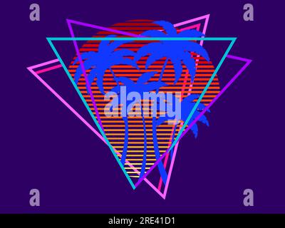 Retro-Wellenbanner mit Sonne und Palmen im dreieckigen Rahmen. Futuristischer Retro-Sonnenuntergang mit Palmen im Stil der 80s Jahre, Farbverlauf. Synthwave-Style. Stock Vektor