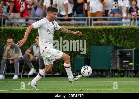 AC Mailand Forward Christian Pulisic (11) während der Fußball-Champions-Tour gegen Real Madrid, Sonntag, 23. Juli 2023, beim Rose Bowl in Pasadena, Kalifornien Stockfoto