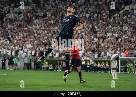 Real Madrid Mittelfeldspieler Federico Valverde (15) feiert ein Tor während der Fußball-Champions-Tour gegen den AC Mailand am Sonntag, den 23. Juli 2023, im The Rose Stockfoto