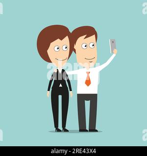 Glücklicher Geschäftsmann und glückliche Geschäftsfrau, die Selfie-Porträts zusammen mit dem Mobiltelefon für Social-Media-Konzeptentwürfe aufnehmen. Flacher Cartoon-Style Stock Vektor