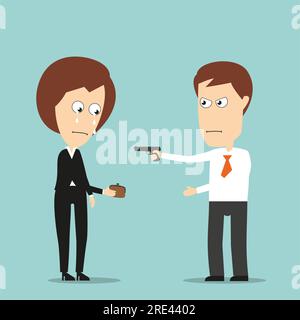 Ein wütender Geschäftsmann raubt eine weinende Geschäftsfrau mit einer Pistole aus, wegen Raub oder Erpressung. Flacher Cartoon-Style Stock Vektor