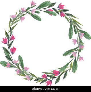 Vektorkranz mit Blumen. Elegante Blumenkollektion mit isolierten pinkfarbenen und violetten Blumen und grünen Brunches mit Blättern. Design für Einladung Stock Vektor