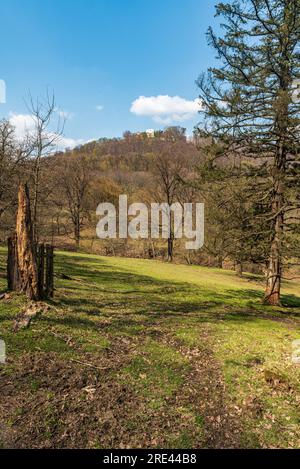 Blick auf die Burgruinen von Hukvaldy in der tschechischen republik während des wunderschönen Frühlings Stockfoto