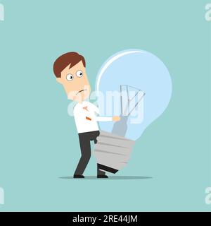 Verwirrter Geschäftsmann mit einer ausgefallenen Idea-Glühbirne, für gescheitertes Ideenkonzept. Flacher Cartoon-Style Stock Vektor