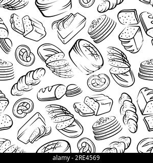 Schwarz-weiße Bäckerei mit nahtlosem Muster mit frischem Brot, langen Brotlaibern, süßen Brötchen, weichen Brezeln und Pfannkuchen mit Honigskizzen. Als gesundes Frühstücksthema oder Konditoreidesign verwenden Stock Vektor