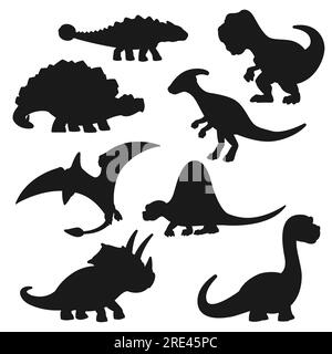 Schwarze Dinosaurier-Silhouetten. Vektortriceratops, Tyrannosaurus, Stegosaurus und Brontosaurus, Pterodactyl, parasaurolophus und Spinosaurus, diplodocus- und ankylosaurus-Formen Stock Vektor