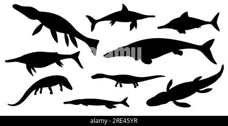 Schwarze Silhouetten von Vektor-jurassic-Tieren oder Monstern. Prähistorische Meeres-Dinosaurier und -rwptilien, Ichthyosaurus, liopleurodon, Kronosaurus und Plesiosaur, Tylosaurus und Sauropterygia Stock Vektor