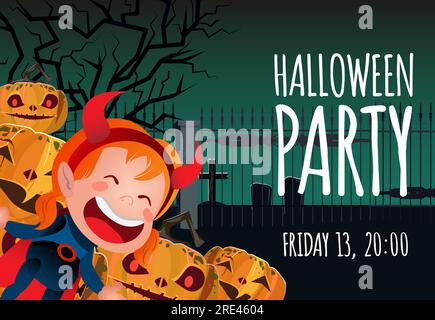 Halloween-Party-Poster-Design. Mädchen mit Teufelshörnern Stock Vektor