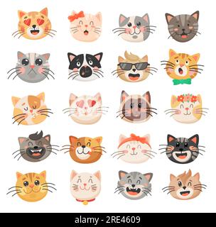 Katzenköpfe mit süßen Gesichtern, Vektorkätzchen-Emoticons. Lustige Kätzchen Tiercharaktere mit verschiedenen Emotionen und Gesichtsausdrücken, fröhliche, traurige, verrückte, weibliche und liebevolle Emoji Stock Vektor