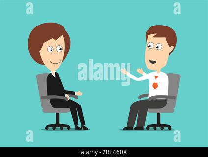 Cartoon-Geschäftsmann und Geschäftsfrau diskutieren Details eines Geschäftsprojekts und teilen Ideen bei einer Besprechung. Hervorragend geeignet für die Zusammenarbeit mit Partnern, Meetings oder bei der Entwicklung Stock Vektor