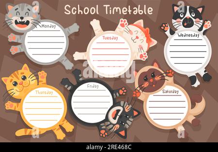 Schülerzeitplan-Vektorvorlage des Schulzeitplans mit süßen Katzen. Studentendiagramm oder Studienplaner mit Cartoon-Katze, Kätzchen oder Kätzchen mit lustigen Gesichtern und Pfoten, schwarzen und weißen Flecken und Schleife Stock Vektor
