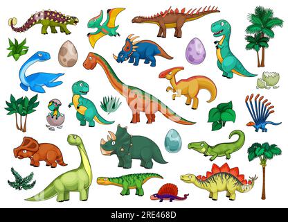Dinosaurier-Cartoon mit niedlichen Dinotieren, Babys in Eiern und Palmen. Lustige Triceratops, Stegosaurus, Brontosaurus, t-rex und Tyrannosaurus, Pterodactyl, ankylosaurus und Brachiosaurus Stock Vektor