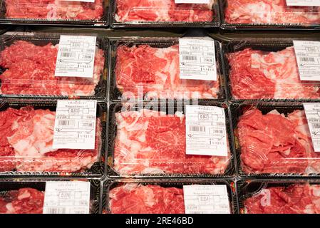 Bangkok, Thailand - 1. Dez. 2019 : Wagyu-Rindfleisch im Supermarkt erhältlich Stockfoto