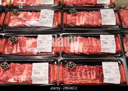 Bangkok, Thailand - 1. Dez. 2019 : Wagyu-Rindfleisch im Supermarkt erhältlich Stockfoto