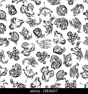 Stammesastrologischer Zodiakakhintergrund mit schwarz-weißem nahtlosen Muster von Horoskop-Symbolen, geschmückt mit komplexen ethnischen Ornamenten. Hervorragend geeignet für Kalender- oder Stoffdesign-Designs Stock Vektor