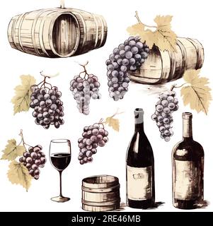 Vektortrauben, Flaschen Wein und Gläser Icon EPS10. Vektorschaft, Retro-Style Icon EPS10 Stock Vektor
