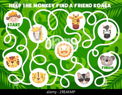 Lustige Zeichentricktiere. Kinder Labyrinth-Labyrinth-Spiel, ein logisches Spiel oder Rätsel für Freunde finden, Rätsel mit der Aufgabe, den Weg zu finden. Vektoraffe, Pferd und Giraffe, Zebra, Löwe und Tiger, Gepard, Waschbär und Koala Stock Vektor