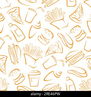 Orangefarbenes Fast-Food-Menü mit gezeichnetem Mittagsmenü zum Mitnehmen mit Burgern, Sandwiches, Pizzas, pommes Frites, Getränken und Eiskrem auf weißem Hintergrund. Als Fast-Food-Menü, Café-Interieur, Stoffdesign Stock Vektor