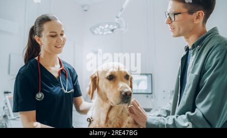 Kunde begleitet sein Haustier beim Arzttermin in der Tierklinik. Regelmäßiger Gesundheitscheck für Haustiere Stockfoto