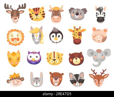 Süße Tiergesichter mit isolierten Cartoon-Köpfen aus Bären, Füchsen, Tigern, Häschen oder Kaninchen, Elefanten, Affe, Koala und Hirsch. Lustige Eule, Schwein, Giraffe und Zebra, Löwe, Kuh, pinguin und Waschbär Stock Vektor