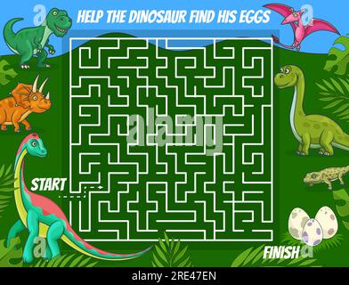 Labyrinth-Labyrinth, Kinder rätseln sich mit Cartoon-Dinosauriern. Finden Sie das richtige logische Spiel, pädagogische Puzzles für Kinder Buch-Seitenvorlage mit süßen Hörnern und fliegenden Dinosauriern, prähistorischen Reptilien-Eiern Stock Vektor