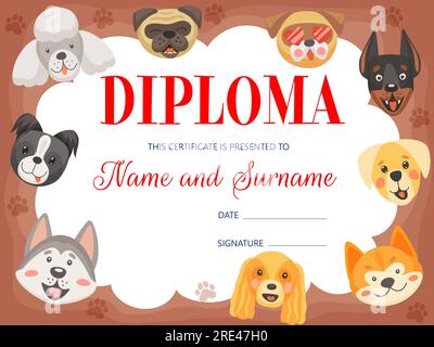 Kinderdiplom mit lustigen Hunden und Welpen, Vektorzertifikat. Bildungspreis für Kindergartenabschluss oder Schulabschluss mit Cartoon-Haustieren Pfütze, Husky, Pug und Doberman mit akita inu Stock Vektor