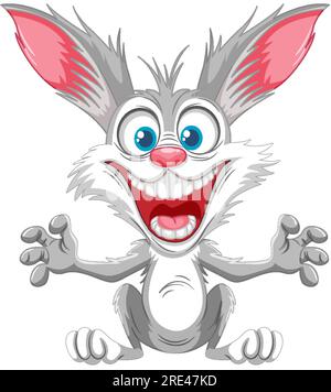 Ein grauer Karikaturenhase mit einem gruseligen Lächeln, der in Panik sprang Stock Vektor