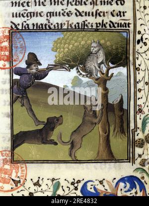 Scene de chasse à courre avec un lynx - in 'Livre de Chasse de Gaston Phoebus, Comte de Foix, Seigneur de Bearn', XIVeme siecle - Bibliotheque Mazarine - Paris - Frankreich Stockfoto