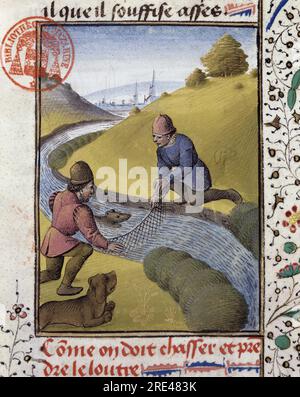 Chasse à la loutre - in 'Livre de Chasse de Gaston Phoebus, Comte de Foix, Seigneur de Bearn', XIVeme siecle - Bibliotheque Mazarine - Paris - Frankreich Stockfoto