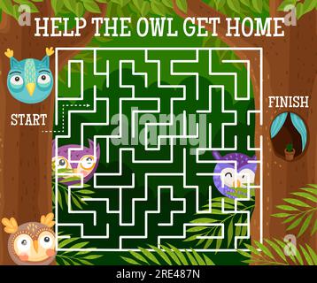Kinder Labyrinth-Rätsel mit Cartoon-Vektoreulen und lustigen Eulen. Ein quadratisches Labyrinth oder ein Puzzle: Hilf der Eule, ein logisches Rätsel mit einem Hintergrundbild aus Eulenvögeln, Waldbäumen und Höhlennest nach Hause zu bekommen Stock Vektor