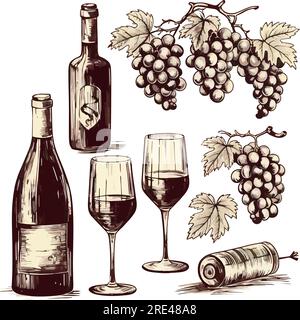 Symbol zur Darstellung der Vektorweinskizze EPS10. Vektorflasche, Gläser, Weinrebe, Fass, Korkenzieher, Symbol für handgezeichnete isolierte Designelemente EPS10 Stock Vektor