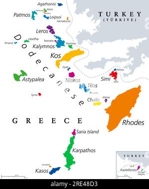 Dodekanesische Inseln, farbige politische Karte. Griechische Inselgruppe im südöstlichen Ägäischen Meer und östlichem Mittelmeer vor der türkischen Küste. Stockfoto