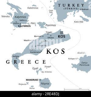 Kos, griechische Insel, graue politische Karte. Auch Cos, Teil der Dodekanesischen Inseln in der Ägäis, neben der türkischen Halbinsel Bodrum. Stockfoto