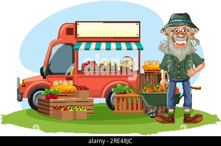 Illustration eines alten Bauern, der frisches Obst vom Food Truck verkauft Stock Vektor