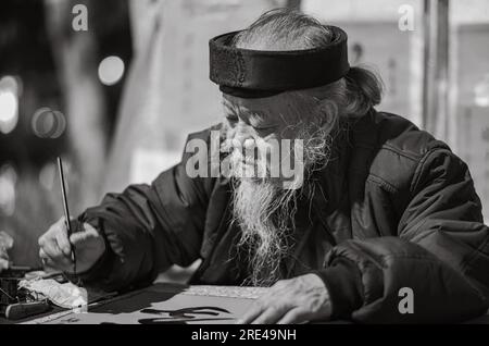 Ein älterer vietnamesischer Mann mit einem langen, schlauen Bart malt die Kalligraphie chinesischer Figuren, um am Hoan Kiem See im Zentrum von Hnaoi, Vietnam, Geld zu sammeln Stockfoto