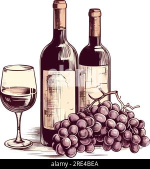 Vektorset aus Weingläsern, Flasche, Dekantor und Weintrauben EPS10. Vektor verschiedene Geschmacksrichtungen des Weins handgezeichnetes Designelement Icon EPS10 Stock Vektor