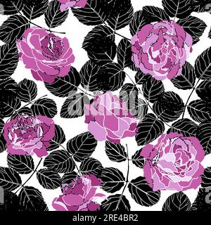 Dekorativer floraler Hintergrund mit blühenden Blumen und Laub, monochromen Ästen und Blättern. Pfingstrosen oder rosa Rosen, Tapete oder Print-Design. Exot Stock Vektor