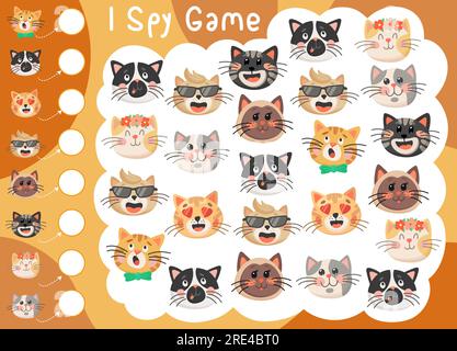 Ich sehe Kinder mit niedlichen, lustigen Katzen oder Kätzchen spielen. Vektorpädagogisches Rätsel wie viele Zeichentrickfilme. Entwicklung einer Rätselseite für Rechenkompetenz. Mathematisches Arbeitsblatt für das Erlernen von Aktivitäten für Kinder Stock Vektor