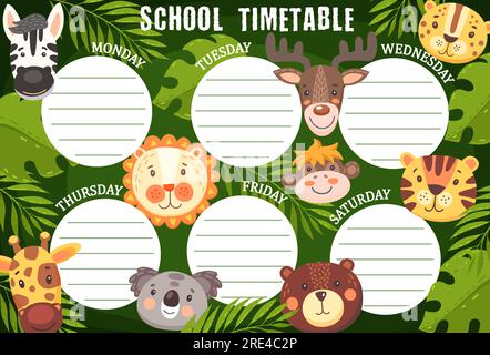 Schulplan mit lustigen Tieren, Vorlage für Vektorwochenplaner. Zeichentricktisch mit Kawaii-lustigen Zebras, Löwen, Giraffen und Bären mit Elchen, Affen und Tigern oder Leoparden und Koalas im Dschungel Stock Vektor