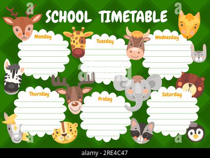 Zeichentrickfilme niedliche Tiere, Kinderlehrplan. Vektorschulplaner, Wochenplan mit Kawaii-lustigem Zebra, Giraffe und Bär mit Elch, Pferd und Leoparden, Pferd, Kuh und Elefant Stock Vektor