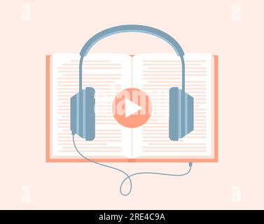 Kopfhörer mit Wiedergabetaste, die mit einem offenen Buch verbunden ist. Ein Hörbuch anhören. Abbildung eines flachen Vektors Stock Vektor