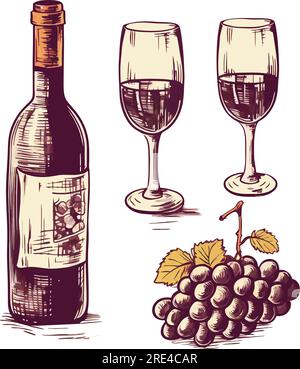 Symbol zur Darstellung der Vektorweinskizze EPS10. Vektorflasche, Gläser, Weinrebe, Fass, Korkenzieher, Symbol für handgezeichnete isolierte Designelemente EPS10 Stock Vektor