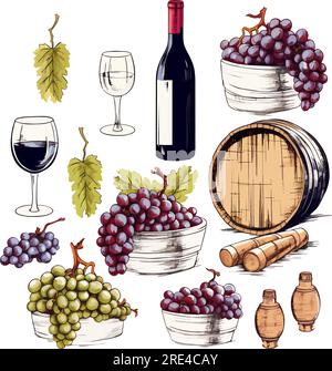 Vektortrauben, Flaschen Wein und Gläser Icon EPS10. Vektorschaft, Retro-Style Icon EPS10 Stock Vektor
