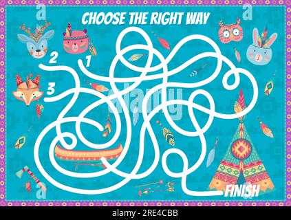 Kinder Labyrinth Labyrinth-Spiel, Cartoon indianerbär, Kaninchen, Fuchs, Eule und Hirsche. Der Vektorpfad wird mit verwickeltem Weg neu gebündelt, sodass niedliche Charaktere Wigwam erreichen. Wie man das Quiz findet, wie man das Rätsel findet Stock Vektor