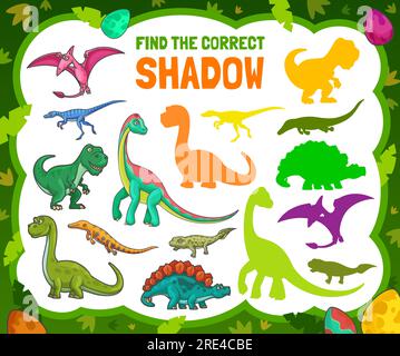 Finde den richtigen Schatten von Cartoon-Dinosauriern. Vector-Kinderspiel Wählen Sie die richtige Dino-Silhouette aus, um mit niedlichen jurassic Ages lustigen Tieren ein Rätsel zu lösen. Pädagogisches Arbeitsblatt für Kinder, Puzzleaufgabe zur Bewusstseinsentwicklung Stock Vektor