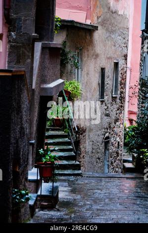 Steintreppe im ligurischen Fischerdorf Vernazza in Cinque Terre, Italien. Stockfoto