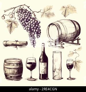 Vektortrauben, Flaschen Wein und Gläser Icon EPS10. Vektorschaft, Retro-Style Icon EPS10 Stock Vektor